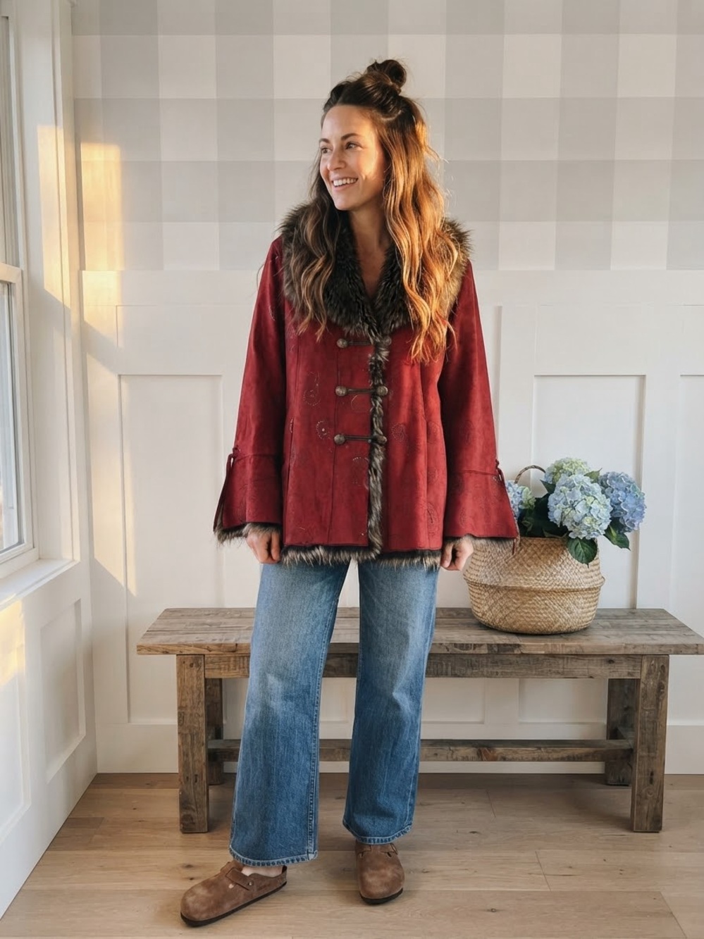 Boho Western Red Faux-Fur Trim Ski-Style Jacket